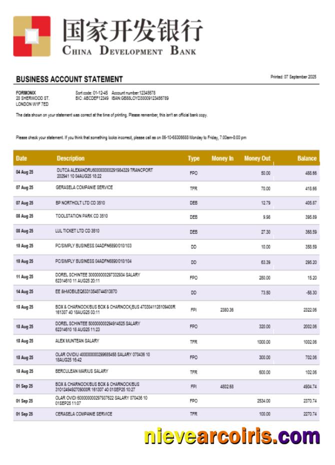 Chinese Development bank account business statement